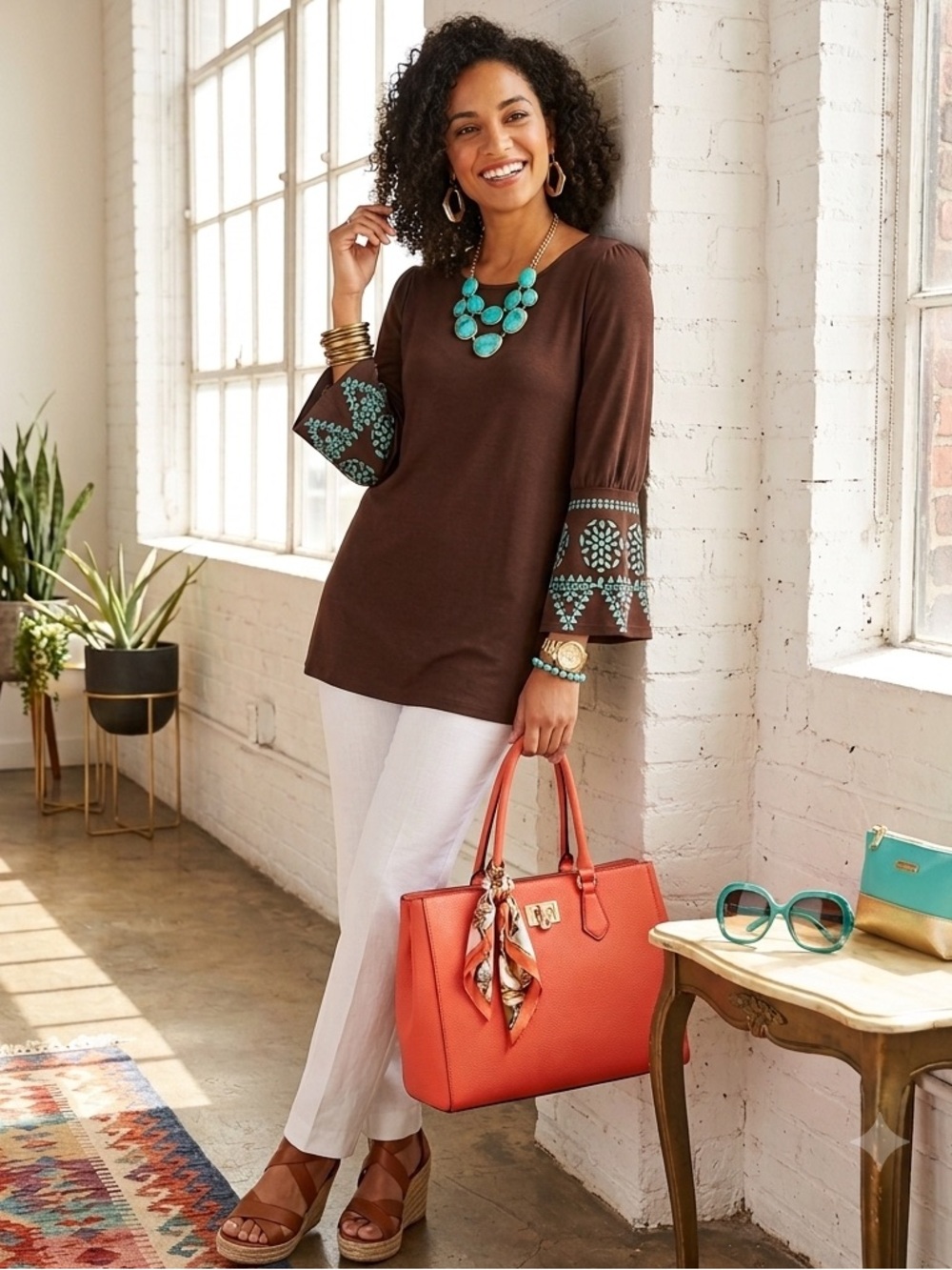 🩵 MISSLOOK LADIES LONG BELL EMBROIDERED SLEEVES BROWN W BLUE SZ:XL SOFT & COMFY